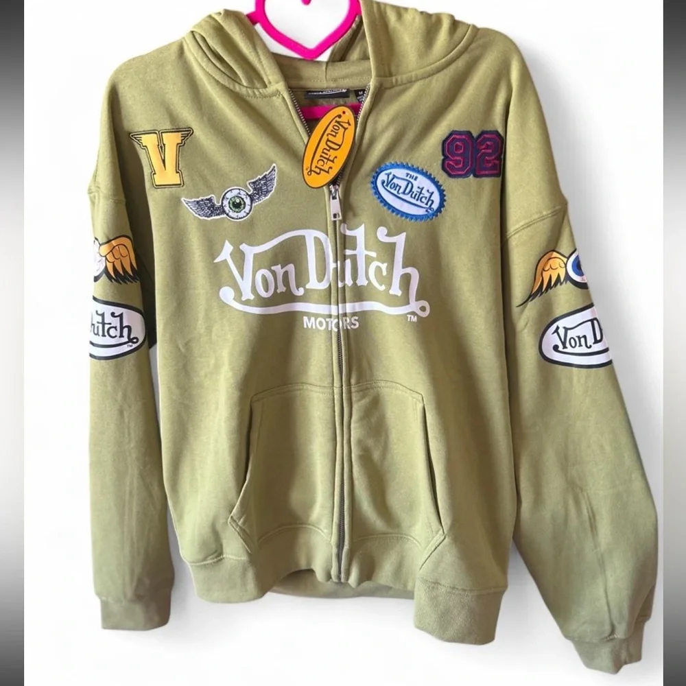 NWT Von Dutch Green Logo Jacket With Hood & Patches. Size M